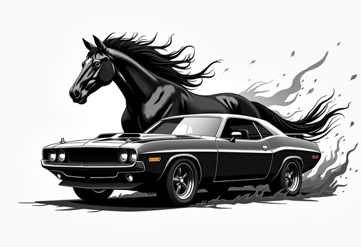 Black muscle car speeding with wild horse racing alongside in dynamic motion