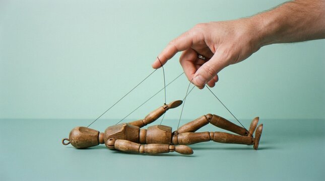 A close-up shot of a human hand manipulating a wooden artist mannequin with strings against a plain pastel green background, representing control, influence, or helplessness.