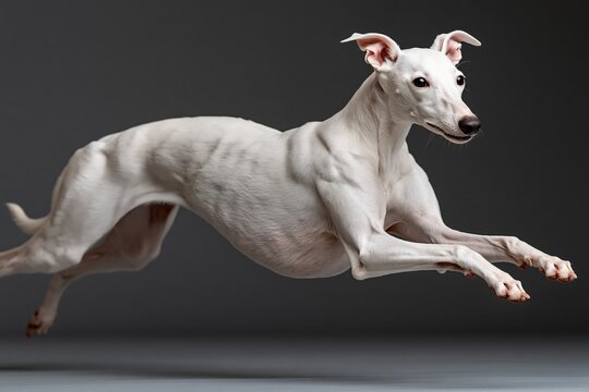 White whippet dog running fast action shot studio background dynamic