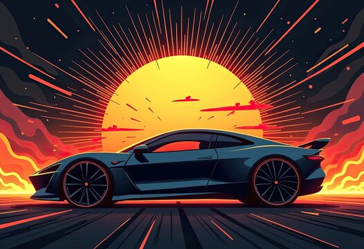 A sleek black sports car speeds across a fiery sunset road.