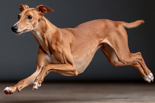 Greyhound dog running fast in motion studio portrait against dark background