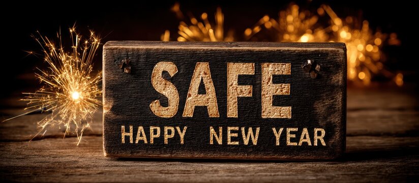 A rustic wooden block displays the word "SAFE" with "HAPPY NEW YEAR" beneath, with sparklers