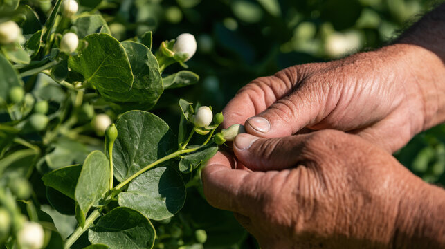 Close-up of farmer fingers picking an unopened caper flower bud from a green caper plant in sunlight