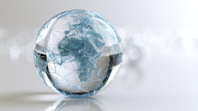 Translucent glass globe featuring interconnected blue digital network lines showcasing global connectivity in a bright minimalist high resolution studio setting