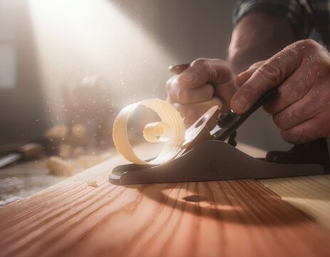 Craftsman hands using hand plane on cedar wood with curled shavings in sunlight, carpentry and woodworking craftsmanship concept