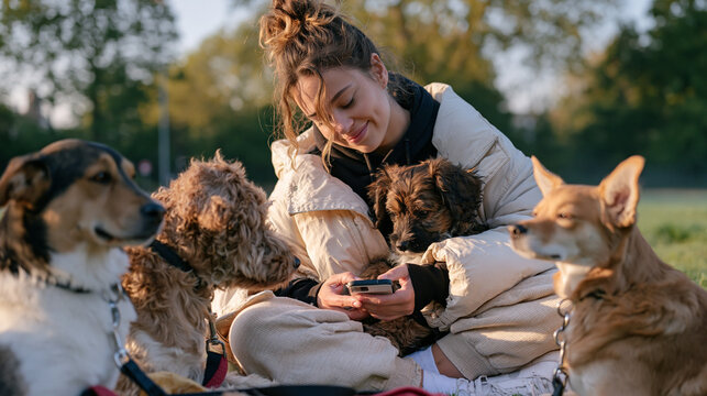 A solitary pet sitter wrapped in a light jacket sits cross-legged in an early morning misty park, surrounded by three leashed dogs of different breeds all looking in separate directions as she scrol