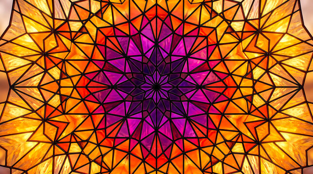 Geometric diamond lattice art stained glass background with vibrant purple and orange hues and patte