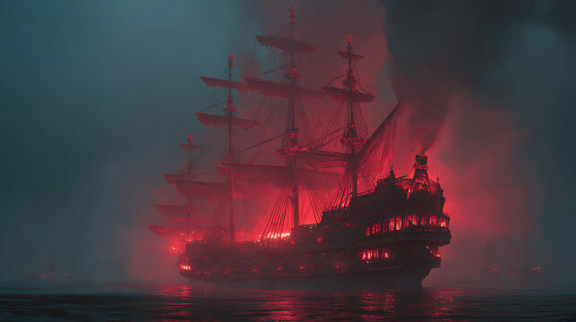 Burning tall ship on water under dramatic red light and smoke