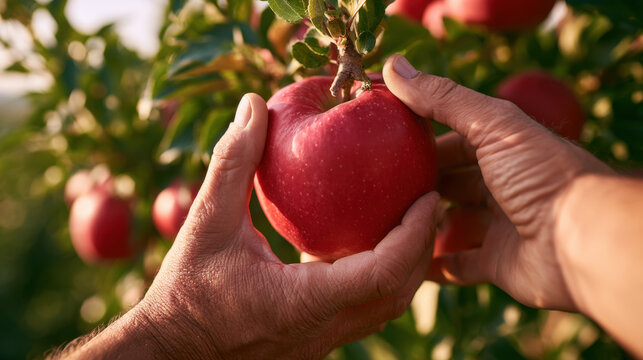 Close-up of farmers hands picking a ripe red apple from a fruit tree in warm sunlight