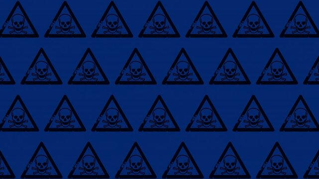 Dark corporate blue background with grunge skull warning signs, infinite loop.