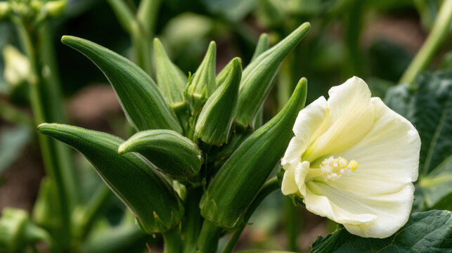 Fresh green okra pods growing beside a pale yellow flower on a healthy garden plant