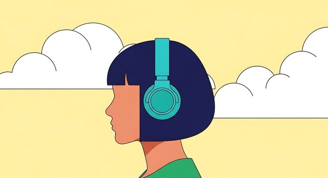 Woman with headphones listening to music outside with clouds