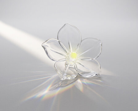 Delicate clear glass flower with colorful rainbow caustic reflections. Minimalist concept of fragility and purity on a light grey background