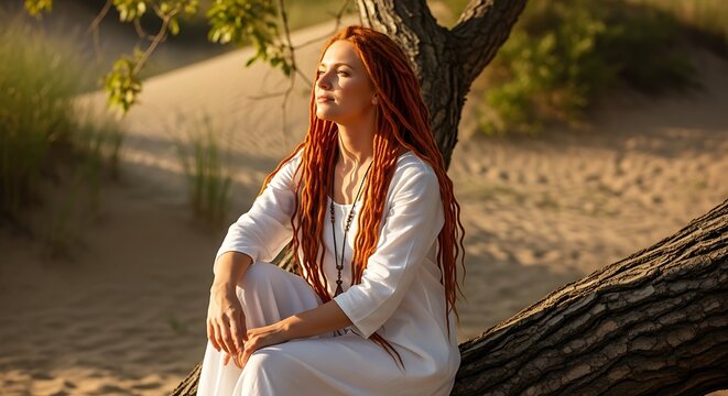 Woman with red dreadlocks sits on tree branch at sunset
