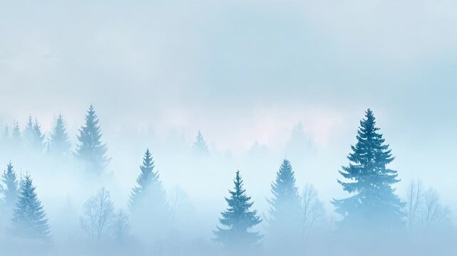 ?Serene winter forest: misty pine trees in foggy landscape timelapse