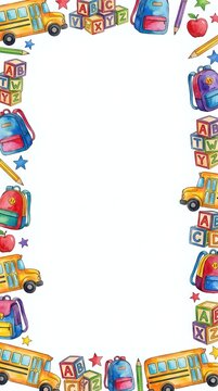 Watercolor school frame with buses, backpacks and alphabet blocks
