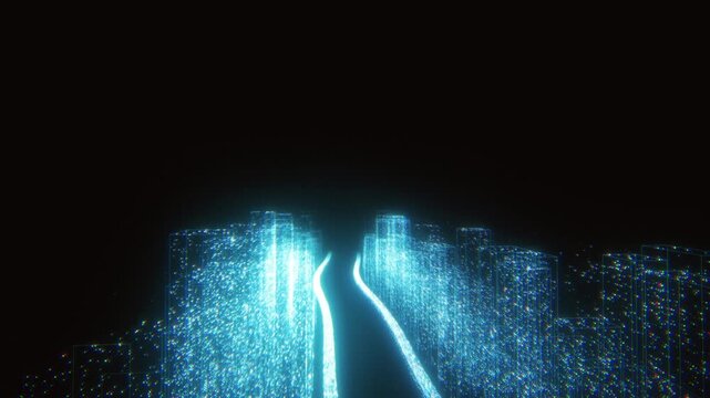 Holographic cyan wireframe city skyline glows under a vast dark space in a cinematic 3D animation for cybersecurity overlays