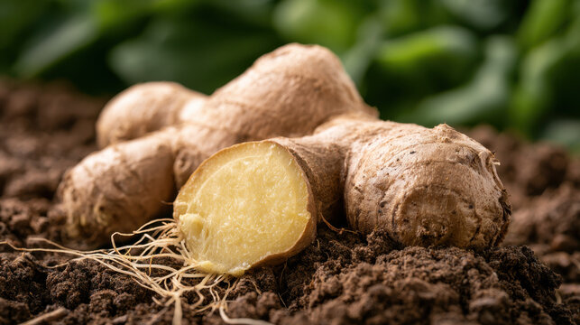 Freshly harvested ginger rhizome cut open to reveal yellow flesh while resting on dark garden soil