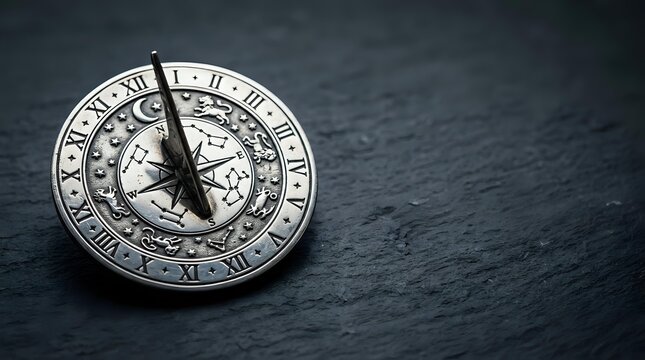 Antique sundial with Roman numerals and gnomon shadow on slate