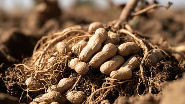 Freshly harvested peanuts attached to plant roots and covered with dry field soil