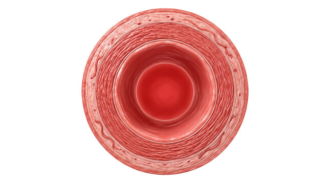 Detailed human artery cross-section with smooth healthy walls and vibrant red blood vessel structure isolated on white background
