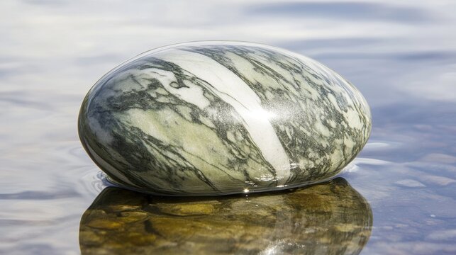 riverbed. A smooth marbled soapstone pebble resting on a riverbed under clear water. travel magazines, destination branding, designed for travel destination branding, used by researchers.