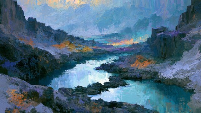 Impressionist oil painting of a tranquil blue mountain lake featuring heavy textured brushstrokes and vibrant highlights under soft ethereal light