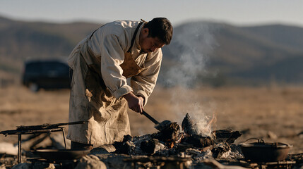 Fototapeta premium Charcoal burner tending a smoking earth kiln alone in a desolate winter clearing, solitary figure in heavy canvas apron stirring embers while a magnetic rescue animal transport