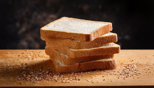 a stack of bread slices on a cutting board with crumbs