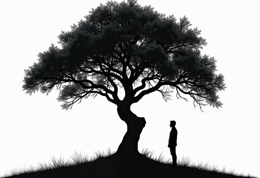 Silhouette of man standing under large tree on hillside