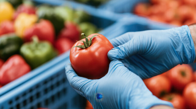 Gloved hands carefully inspecting a ripe red tomato during fresh produce quality control