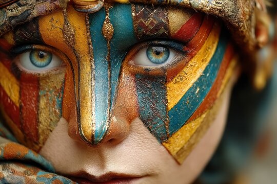 Close-up of a person's face painted with colorful abstract designs, adorned with a decorative headpiece