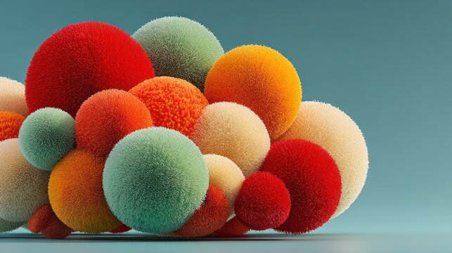 A 3D render of various soft, fuzzy spheres in a range of warm and cool colors