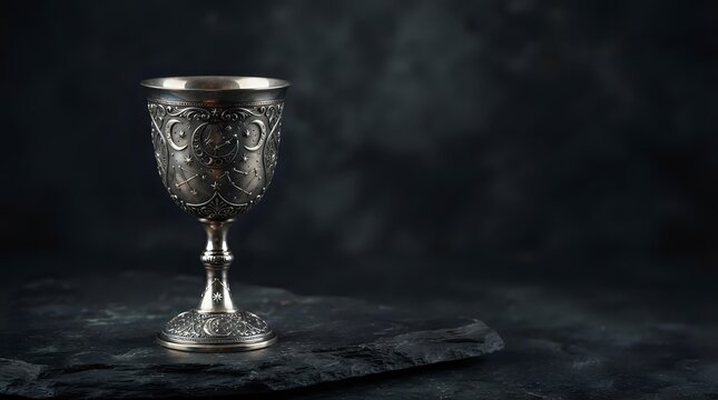Ornate silver goblet with intricate filigree detailing on dark stone