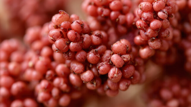 Macro view of mature red quinoa seed clusters showing tiny grains and detailed natural texture