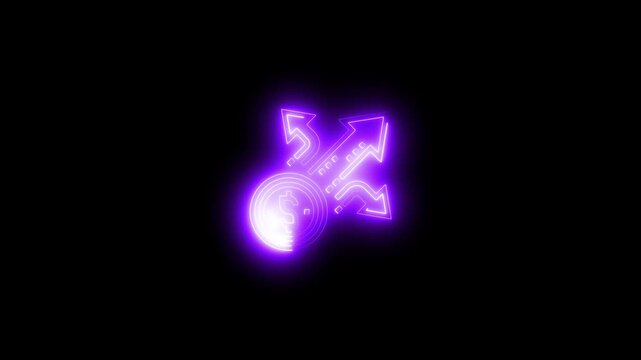 Neon dollar coin with diverging arrows financial growth concept