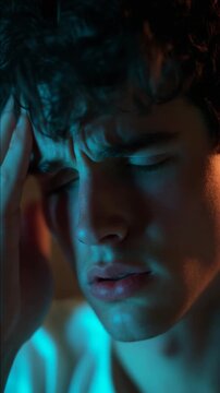 Young man with closed eyes and clenched jaw.