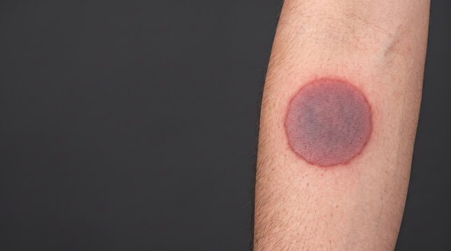 Close up of dark purple round bruise or fixed drug eruption skin mark on human forearm