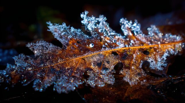 Intricate frost crystals forming delicate patterns on a decaying brown leaf in a dark natural setting during winter