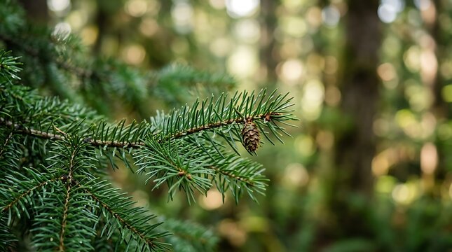 Close up of a green pine tree branch with a small cone in a blurred forest setting