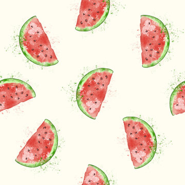Digital watercolor illustration of a seamless watermelon pattern drawn by hand