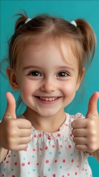 Smiling toddler thumbs up in approval.