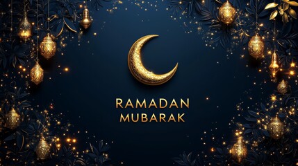 Fototapeta premium Luxurious dark blue background features golden crescent moon, hanging lanterns, and leaves for a sparkling Ramadan Mubarak greeting.