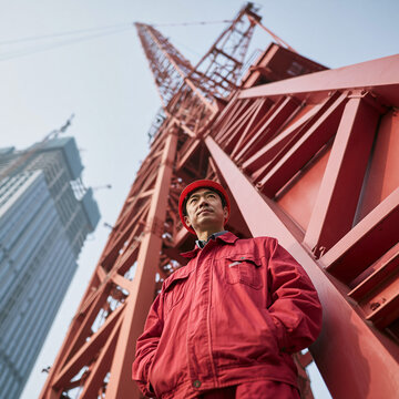 A construction worker wearing a red hard hat and jacket stands proudly against a backdrop of a large red crane and a skyscraper under construction.