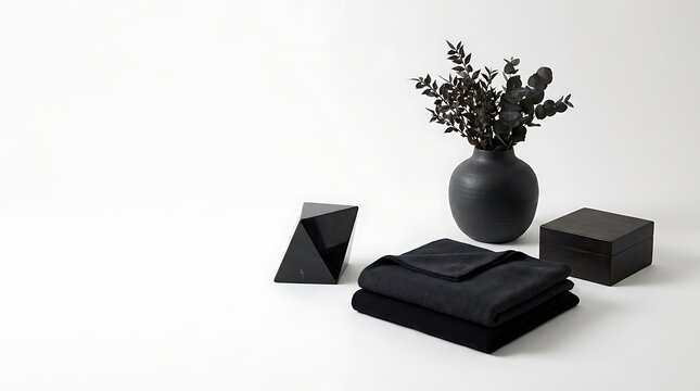 Minimalist black home decor objects with a vase and folded textiles isolated on white background