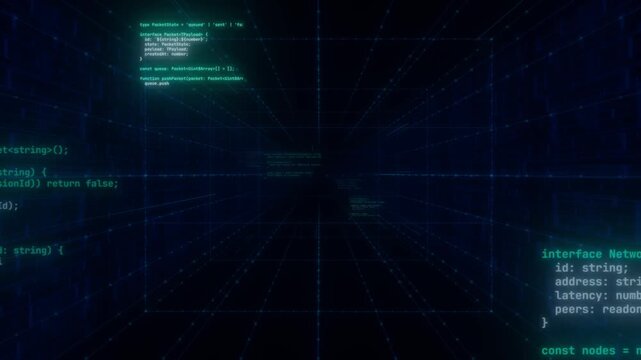 Source code text floats through a dark blue digital tunnel in a 3D animation for cybersecurity and software development background video