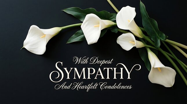 Elegant calla lily flowers with sympathy and heartfelt condolences message on a black background