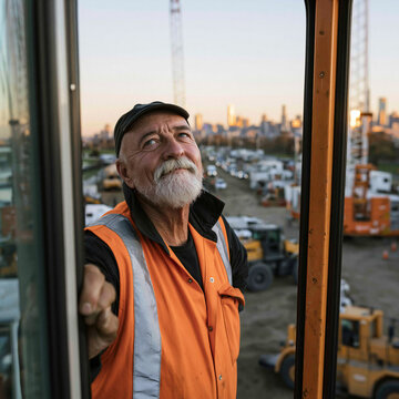 A weathered construction worker with a white beard looks up at the sky with a thoughtful expression. He wears an orange safety vest and a black cap.