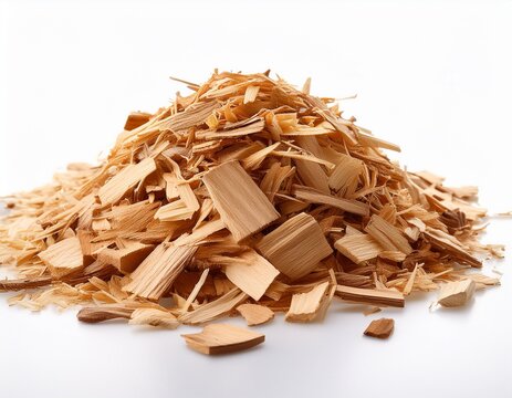 pile of wood shavings on a white background for crafting or landscaping use
