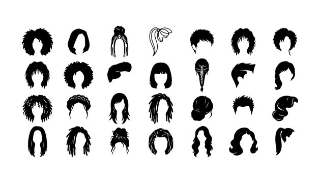 Hairstyles Set with Afro, Braids, Curls, Buns, and Dreadlocks. Black and White Vector Illu